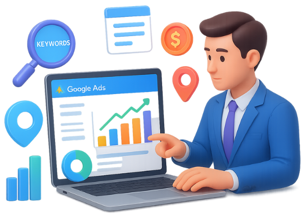 Google Ad Service Vikdwell Digital Marketing Agency Google Ads campaign optimization process illustration showing keyword refinement, ad copy improvement, bidding adjustments, and audience targeting updates managed daily and weekly by expert Google Ads teams to reduce costs, increase conversions, and maximize ROI for businesses of all sizes.