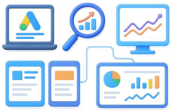 Google Ad Service Vikdwell Digital Marketing Agency image showing tools behind Google Ads campaigns, including Google Ads Manager for daily bid and ad management, Google Keyword Planner for precise targeting, Google Analytics to track post-click user behavior, competitor and ad testing tools for creative comparisons, and live dashboards for real-time performance monitoring, ensuring data-driven optimization and measurable ROI.