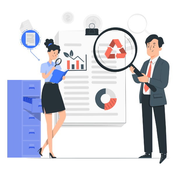 On-page SEO Service 3D isometric illustration representing the process of on-page SEO audit and optimization by Vikdwell Digital Marketing Agency. The image includes icons of a magnifying glass for detailed website analysis, document/plan icons for solution planning and clear priorities, person/expert icons representing human-led guidance, gear/settings icons for implementing technical changes, chart/graph icons for measurable results, and communication/chat icons for direct support. Designed by Vikdwell Digital Marketing Agency to highlight a human-driven, step-by-step approach to improving website SEO performance and maximizing budget impact.
