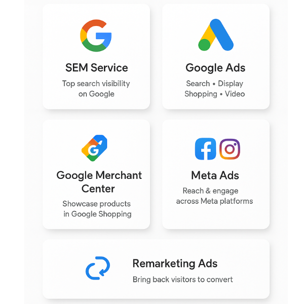 Paid Ad Service Image showcasing the full range of paid advertising services offered by Vikdwell Digital Marketing Agency. These services include SEM services that boost visibility by placing businesses at the top of Google search results, Google Ads campaigns across search, display, shopping, and YouTube video formats to connect with audiences across Google’s vast network, and Google Merchant Center services to feature ecommerce products in Google Shopping feeds. Additionally, Vikdwell provides Meta Ads management for Facebook and Instagram advertising, helping brands build awareness and generate sales. The paid advertising service also includes remarketing ads to re-engage potential customers who visited a site but did not convert, bringing them back to complete their purchase. Whether a business needs setup and monitoring or monthly campaign support, Vikdwell Digital Marketing Agency creates flexible and scalable paid ad solutions tailored to companies of every size.