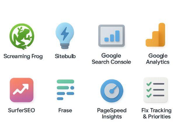 On-page SEO Service 3D isometric illustration representing the tools and techniques used for on-page SEO by Vikdwell Digital Marketing Agency. The image features real logos of Screaming Frog and Sitebulb for deep site crawling, Google Search Console and Google Analytics for real user data, SurferSEO and Frase for smart content optimization, PageSpeed Insights and GTmetrix for speed and Core Web Vitals, along with a 3D checklist/scoring sheet icon representing prioritized tracking of fixes. Designed by Vikdwell Digital Marketing Agency to showcase a professional, human-driven, and data-supported approach to affordable on-page SEO services.