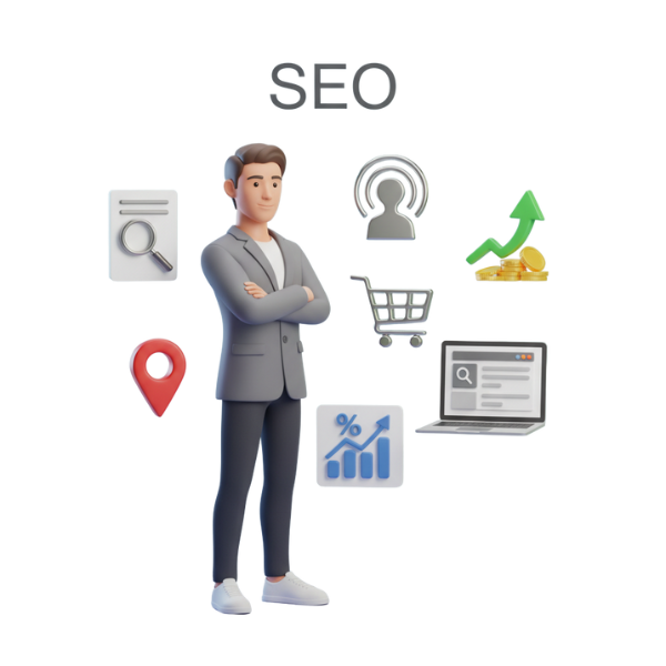SEO Service Flat style SEO service icons including document, target audience, location pin, shopping cart, growth arrow with coin, analytics chart, and laptop icon – Vikdwell Digital Marketing Agency