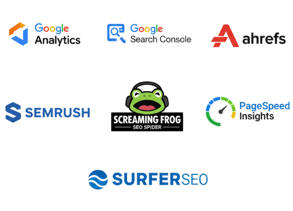 SEO Service Official logos of Google Analytics, Google Search Console, Ahrefs, SEMrush, Screaming Frog, PageSpeed Insights, and SurferSEO displayed in a clean professional grid. This image by Vikdwell Digital Marketing Agency highlights the trusted SEO tools used by expert consultants to deliver data-driven strategies, technical audits, performance monitoring, content optimization, and competitive research.