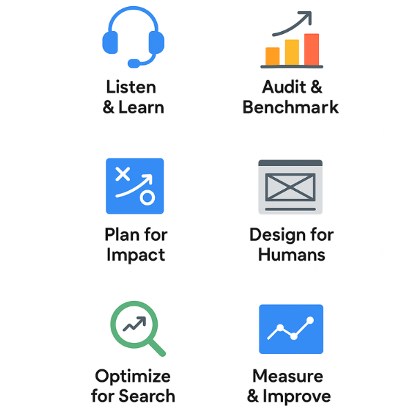 Website Redesign Service Image showing the website redesign strategy by Vikdwell Digital Marketing Agency, illustrating the process that begins with listening and learning through discovery sessions to uncover business goals, customer expectations, and pain points. The workflow includes auditing and benchmarking using analytics, heatmaps, competitor site analysis, and UX reviews. Planning prioritizes high-impact changes for speed, structure, and SEO, while designs are created for human engagement with wireframes and mockups emphasizing clarity and storytelling. SEO optimization involves metadata updates, content restructuring, and technical improvements. Post-launch measurement tracks KPIs and guides ongoing improvements. This process ensures a professional, customized website redesign that enhances usability, performance, and digital presence for clients.