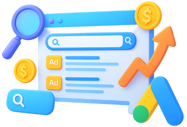 Search Engine Marketing Service Illustration showing how search engine marketing works with paid ads by Vikdwell Digital Marketing Agency, featuring keyword targeting, ad copywriting, bid management, and SEM analysis that position brands at the top of Google search results, driving qualified traffic, improving ROI, and helping businesses compete effectively with customized SEM campaign strategies.