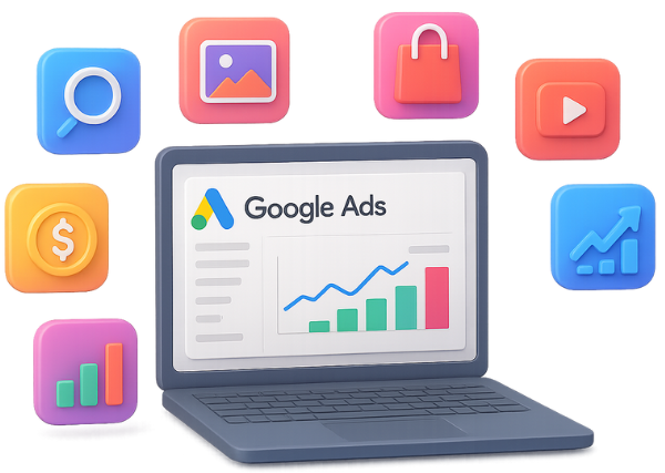 Google Ad Service Vikdwell Digital Marketing Agency Google advertising services image showing benefits of search, display, shopping, and YouTube ads, highlighting pay-per-click flexibility, advanced targeting, fast traffic, transparent ROI, scalability, and affordable Google Ads campaign management for small businesses to compete with larger brands.