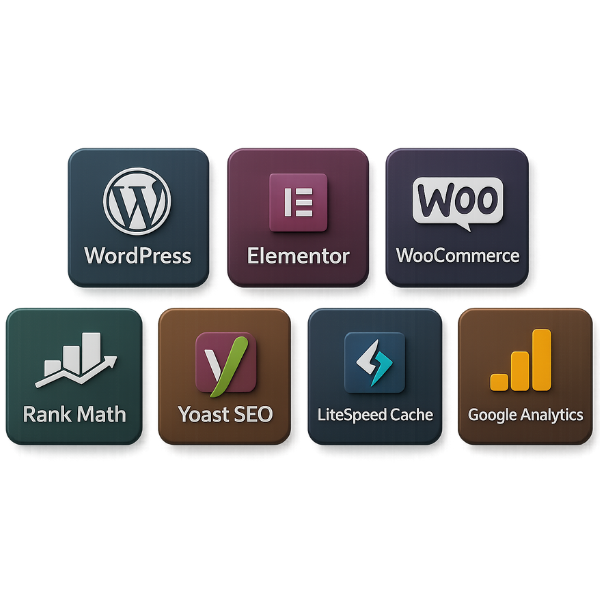 WordPress Website Design Service WordPress tools stack by Vikdwell Digital Marketing Agency featuring WordPress, Elementor, WooCommerce, Rank Math, Yoast SEO, LiteSpeed Cache, and Google Analytics for powerful website design and performance.