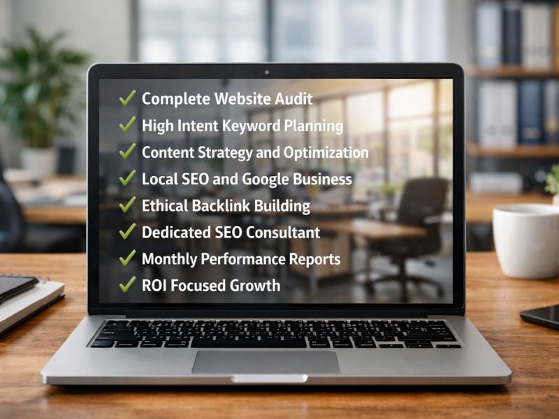 This image shows what businesses get with the affordable and reliable SEO services of Vikdwell Digital Marketing Agency, including technical audits, keyword planning, content strategy, local SEO, Google Business optimization, ethical backlinks, professional SEO consultant support, and monthly performance reporting.