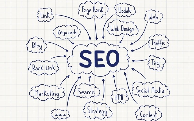 SEO service banner by Vikdwell Digital Marketing Agency showing business growth, Google rankings improvement, organic traffic increase, keyword optimization, and complete search engine optimization solutions.