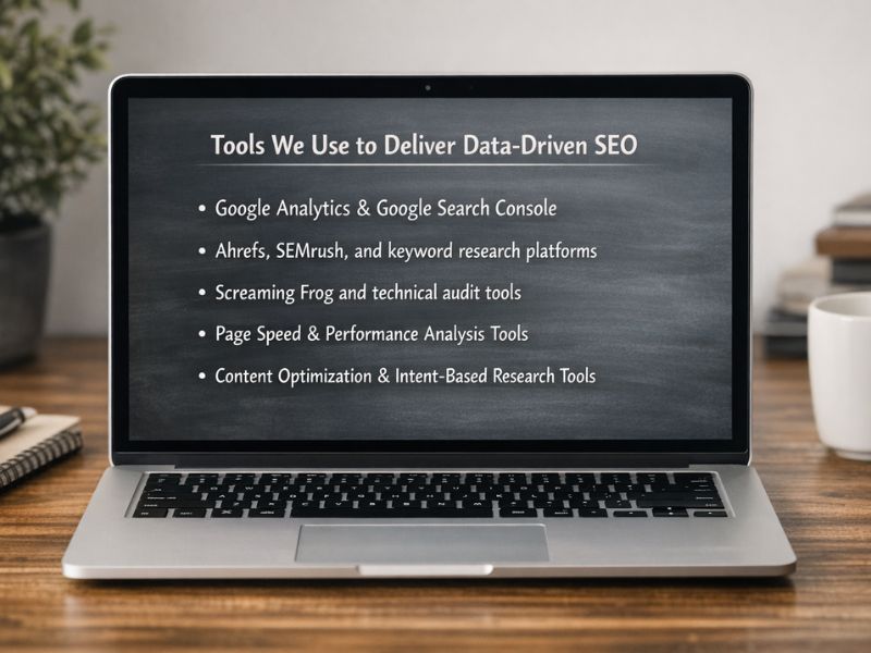 This image shows the professional SEO tools used by Vikdwell Digital Marketing Agency such as Google Analytics, Google Search Console, Ahrefs, SEMrush, technical audit tools, page speed tools, and content research platforms to make data driven SEO decisions and improve search performance.