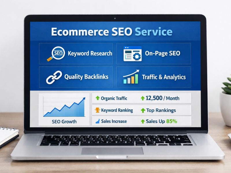 This image shows how Vikdwell Digital Marketing Agency provides Ecommerce SEO services by optimizing product pages, category structure, filters, and conversion focused elements to increase organic traffic and online sales.