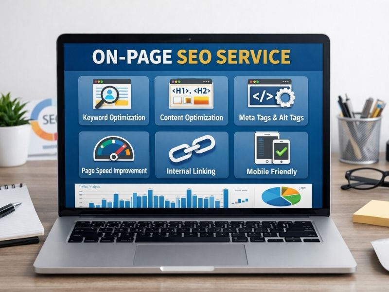 This image shows how Vikdwell Digital Marketing Agency provides On Page SEO services by optimizing meta tags, headings, URLs, internal links, and content structure to match user search intent and improve rankings.