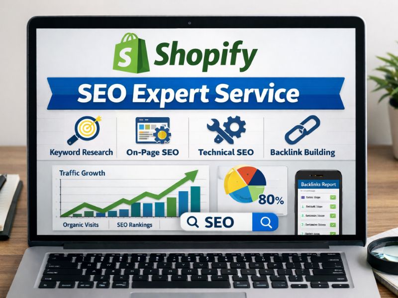 This image shows how Vikdwell Digital Marketing Agency works as a Shopify SEO expert by optimizing product pages, collection pages, site structure, and store speed for better rankings and conversions.