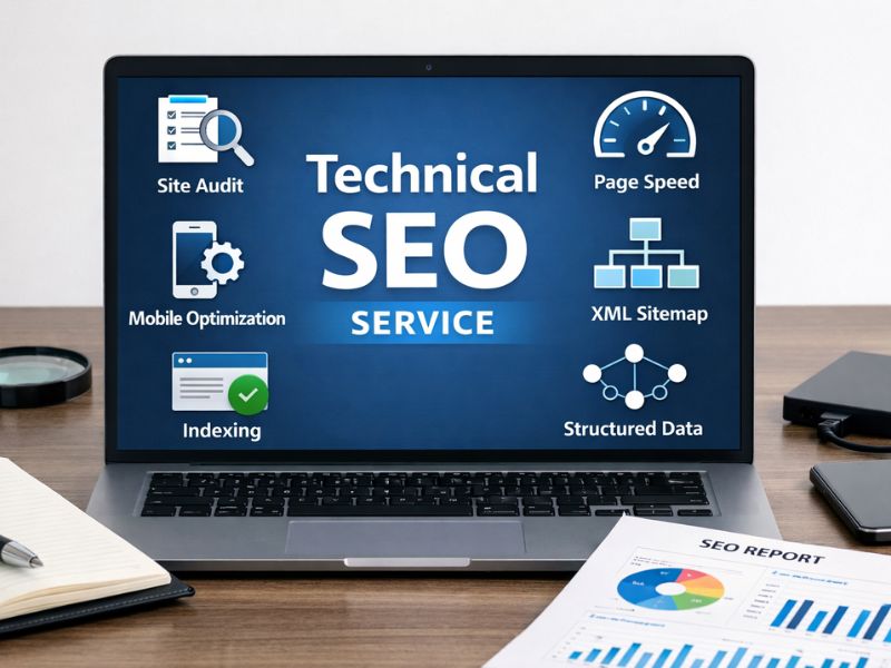 This image shows how Vikdwell Digital Marketing Agency handles Technical SEO including site speed optimization, Core Web Vitals, mobile usability, indexing, schema, and crawl optimization.