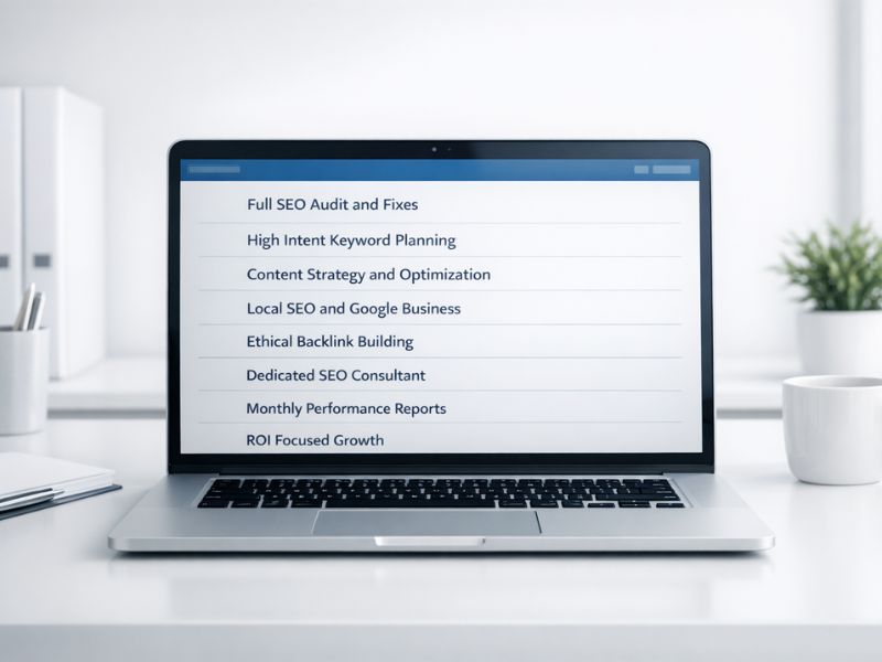 This image shows the complete SEO benefits provided by Vikdwell Digital Marketing Agency, including site audits, keyword planning, content strategy, local SEO, Google Business optimization, ethical backlinks, professional SEO consultant support, and monthly performance reporting for cost effective business growth.