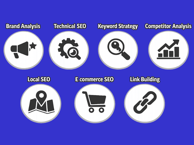Vikdwell Digital Marketing Agency SEO process showing technical audits, keyword research, competitive analysis, local SEO, link building, and performance reporting.