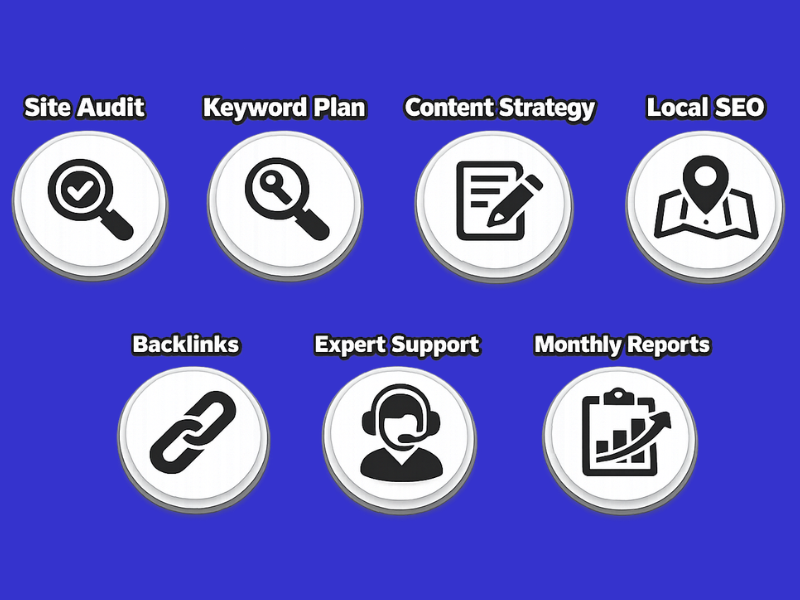Vikdwell Digital Marketing Agency affordable SEO services dashboard showing site audits, keyword planning, content strategy, backlinks, and ROI tracking.