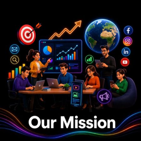 Creative digital marketing mission concept showcasing strategy, analytics, content creation, and collaboration, representing the vision and goals of Vikdwell Digital Marketing Agency in helping businesses grow online