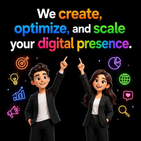 Cartoon illustration of a professional boy and girl pointing upward toward colorful text “We create, optimize, and scale your digital presence” on a black background, representing digital marketing growth strategies by Vikdwell Digital Marketing Agency